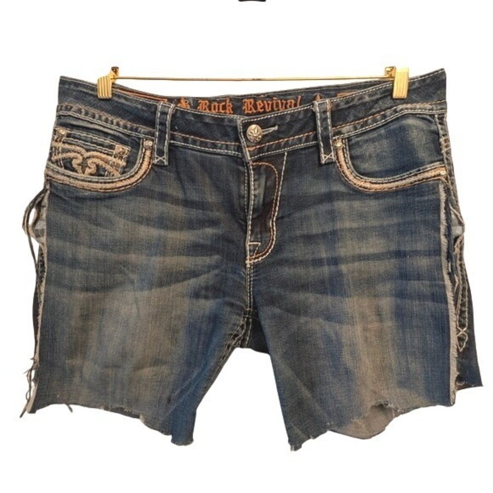 Rock Revival Denim Shorts Dark Wash Distressed Cut Off Side Slit Fleur-De-Lis